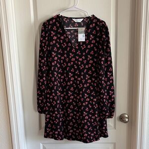 Primark Black V-Neck Floral Dress with Pink and Green Accents